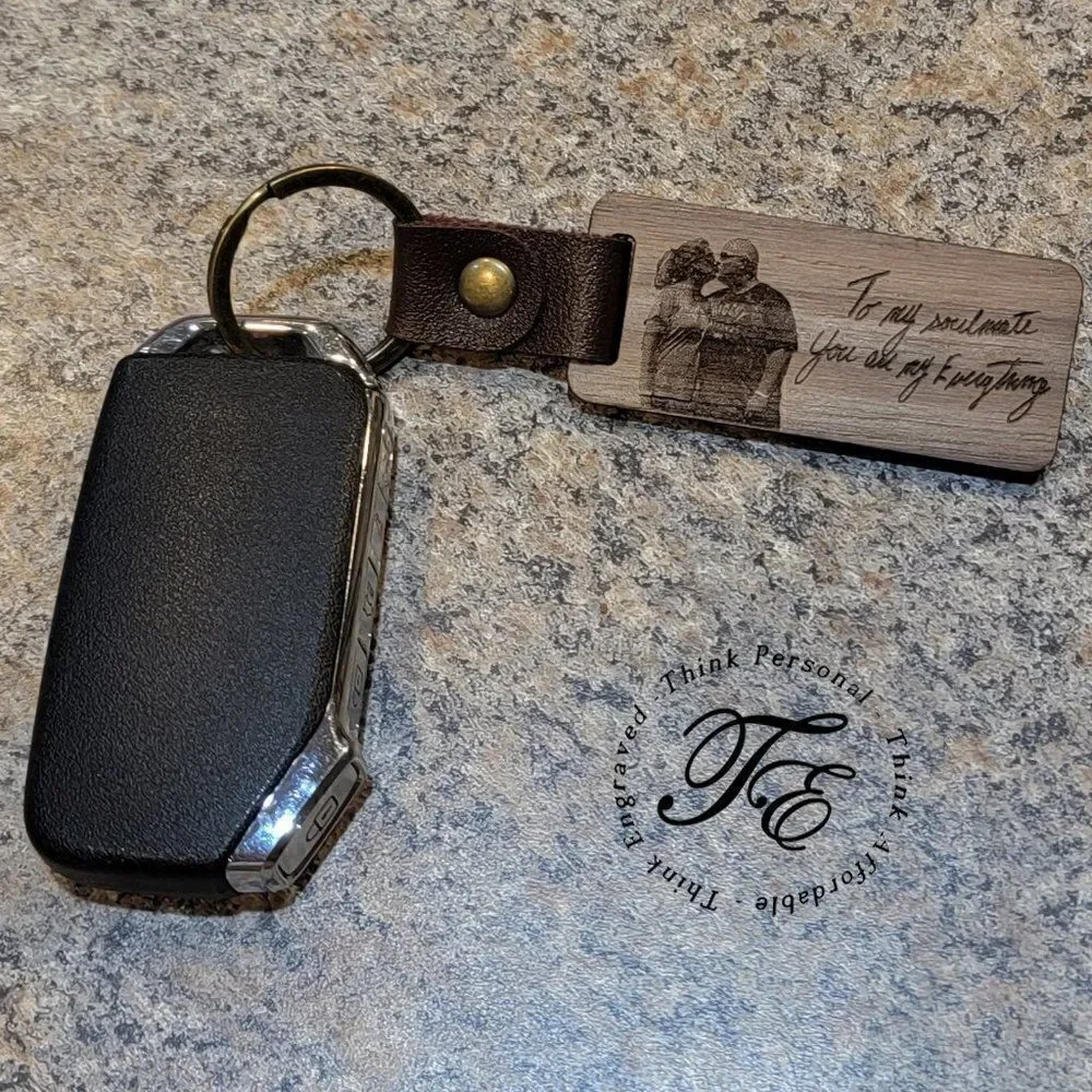Personalized Photo and Handwriting Keychain - Antiqued Leather and Wood